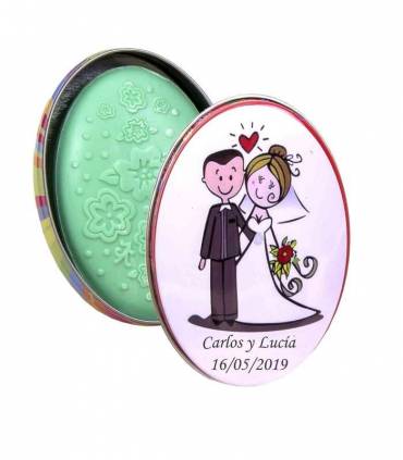 LATA JABÓN NOVIOS GRABADA MINIMO 25 UDS